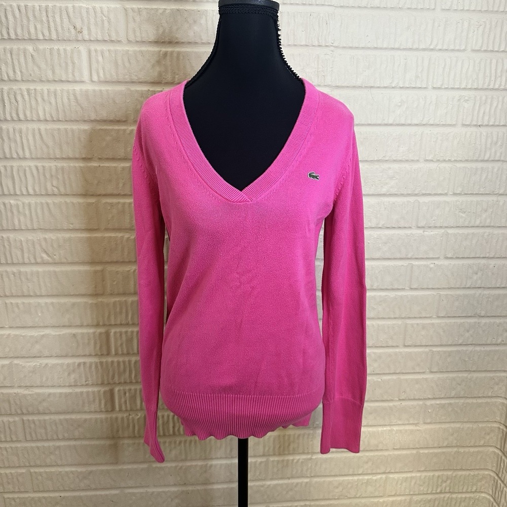 Lacoste Womens V Neck Pink Sweater Sz 32/ L Golf Cotton Preppy Country Club